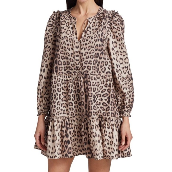 GENERATION LOVE Rumi Leopard Print Long Sleeve Ruffle Cotton Mini Dress EUC Sz S - Picture 1 of 12